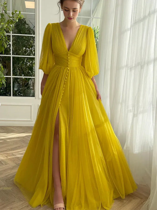 A-line Yellow V-Neck Chiffon Half Sleeve Party Dress  Long Prom Dress