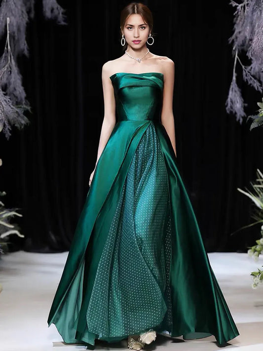 A-Line Satin Strapless Evening Party Dress Dark Green Satin Long Prom Dress