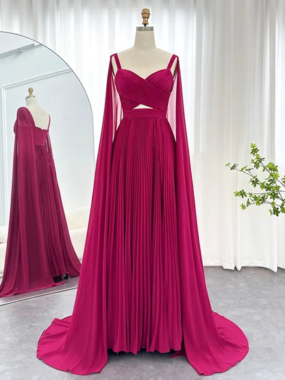 Elegant Fuchsia Spaghetti Strap V-Neck Party Formal Dresses Chiffon Long Evening Dresses with Cape Sleeves