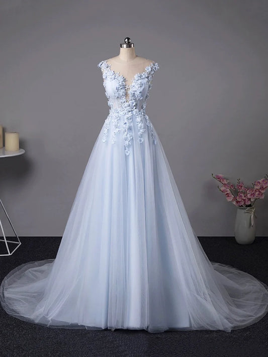 A-Line Evening Party Dress Sweep/Brush Train Light Blue Tulle Lace Long Prom Dress