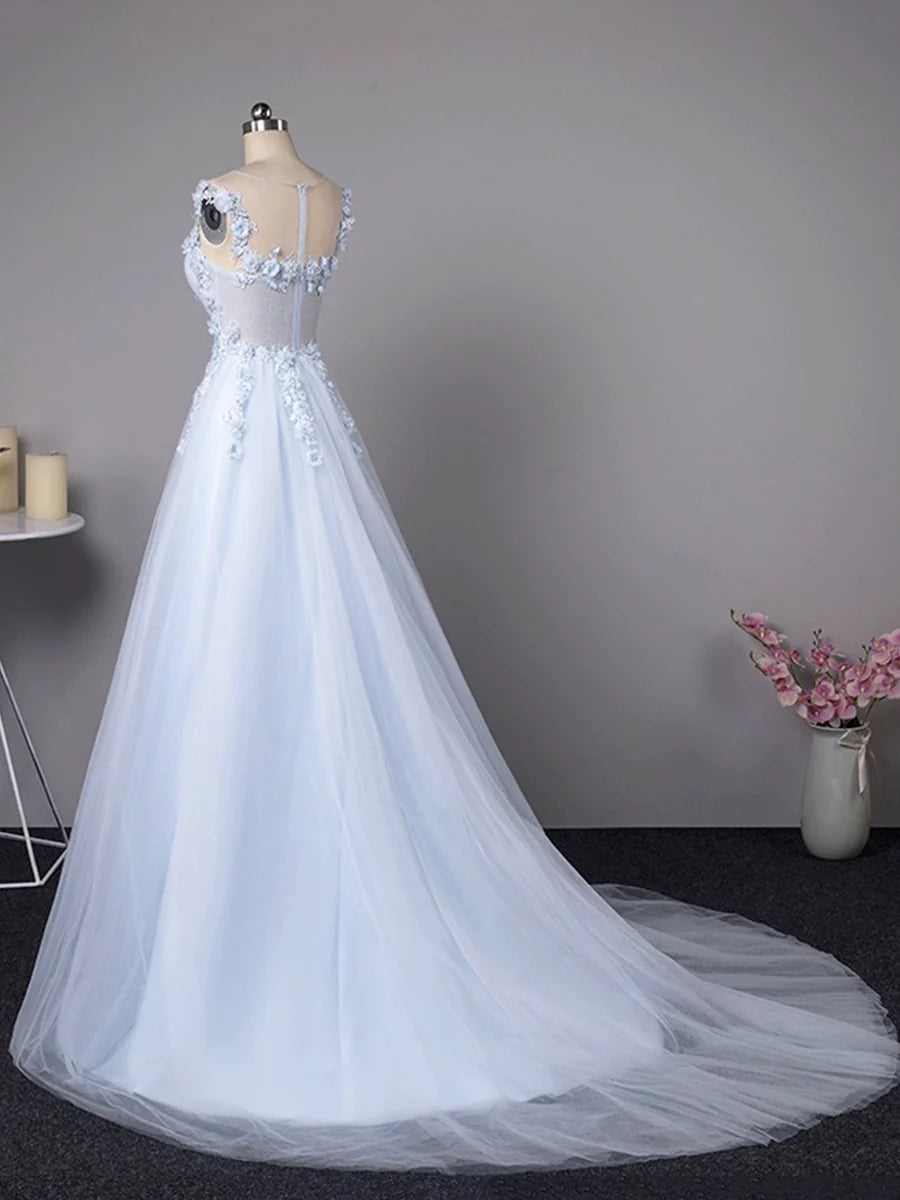 A-Line Evening Party Dress Sweep/Brush Train Light Blue Tulle Lace Long Prom Dress