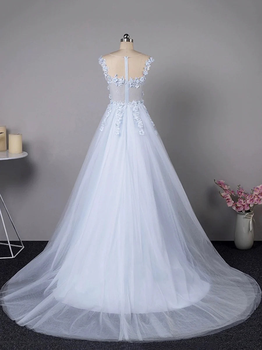 A-Line Evening Party Dress Sweep/Brush Train Light Blue Tulle Lace Long Prom Dress