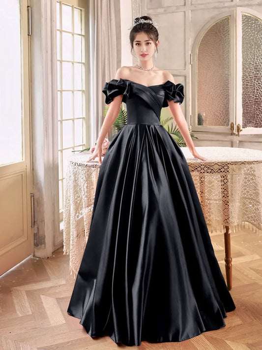 A-Line Black Satin Long Prom Dress Black Off the Shoulder Evening Party Dress