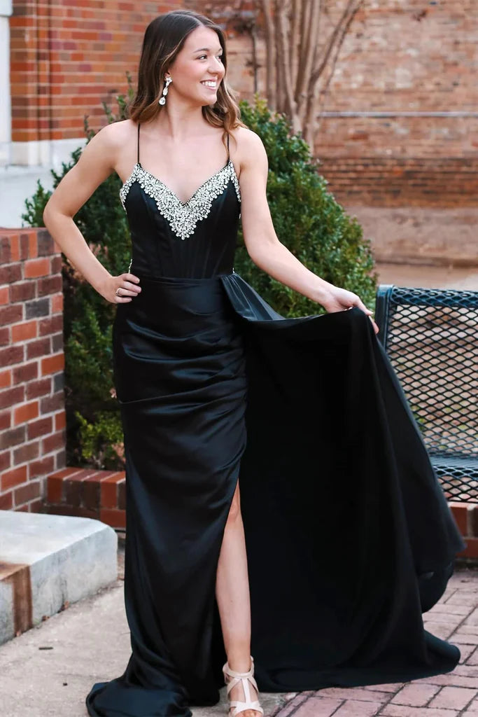 Beading V-Neck Long Prom Dress with Attached Train