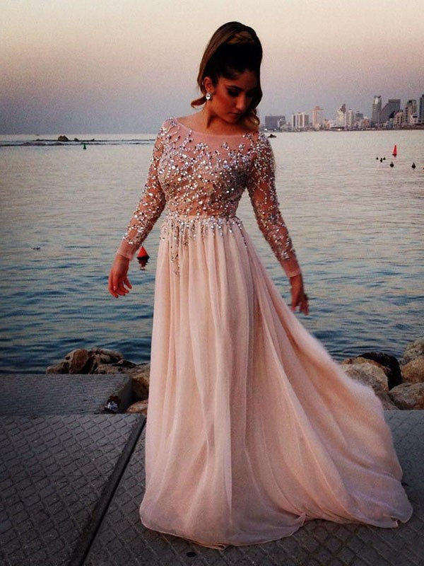 Long Sleeves A-line/Princess Bateau Beading Sweep/Brush Train Chiffon Party Dresses Formal Dresses