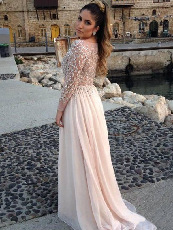 Long Sleeves A-line/Princess Bateau Beading Sweep/Brush Train Chiffon Party Dresses Formal Dresses