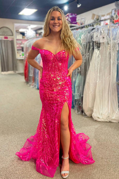 Sweep/Brush Train Dresses Off the Shoulder Gold Sequin Corset Mermaid Prom Dress with Slit