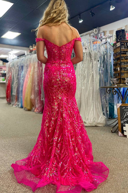 Sweep/Brush Train Dresses Off the Shoulder Gold Sequin Corset Mermaid Prom Dress with Slit