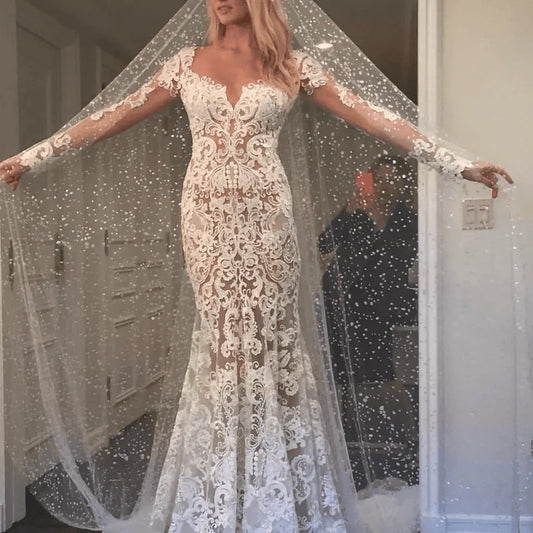 Romantic Long Appliques Backless Lace Mermaid Ivory Wedding Dresses