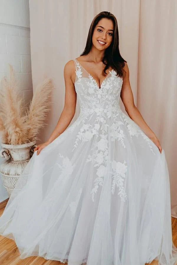 A-line V Neck Tulle Lace Appliques Romantic Wedding Dress Bridal Gown