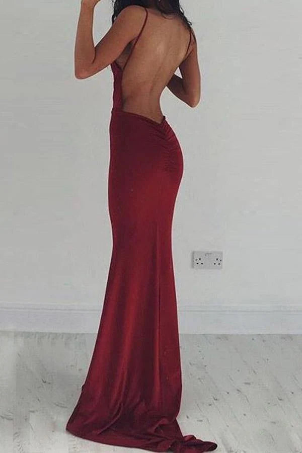 Mermaid Deep V-Neck Backless Burgundy Satin Prom Dress