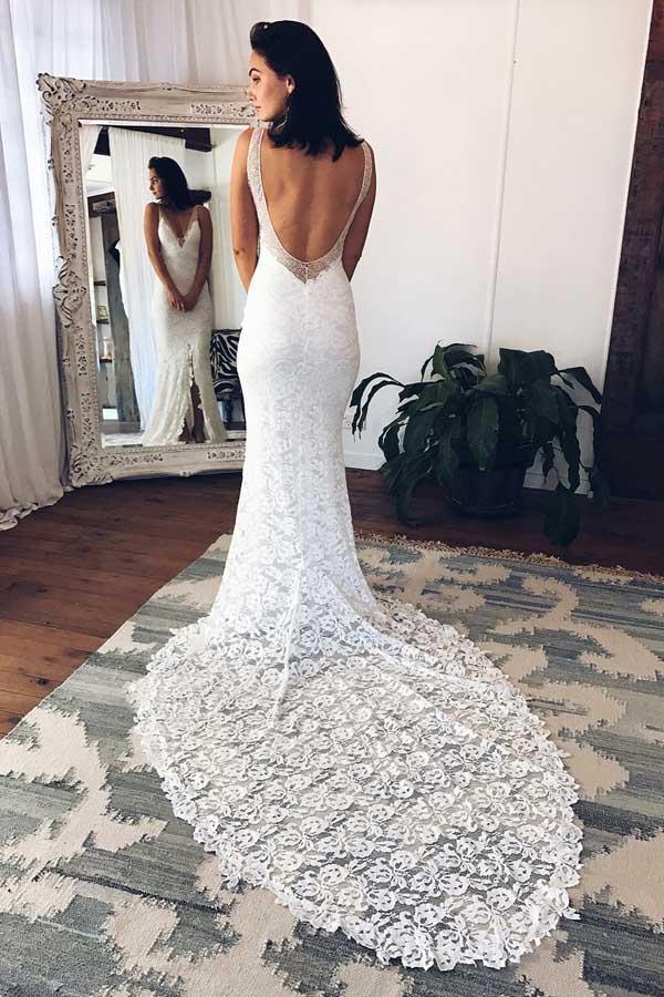 Mermaid Deep V-Neck Court Train Split White Lace Wedding Dress