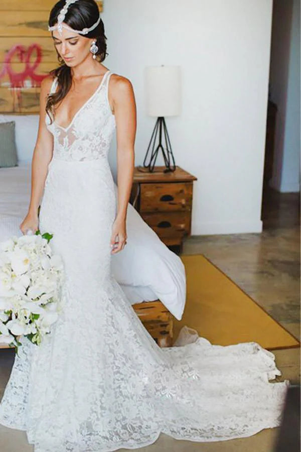 Mermaid Lace V-neck Court Train Beach Wedding Dress