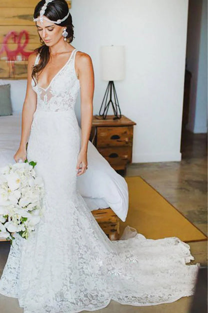 Mermaid Lace V-neck Court Train Beach Wedding Dress