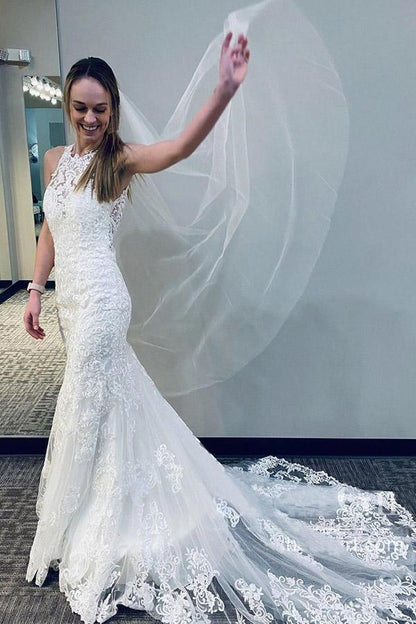 Mermaid Lace Wedding Gown With Semi-Cathedral Train Racer Back Wedding Dress