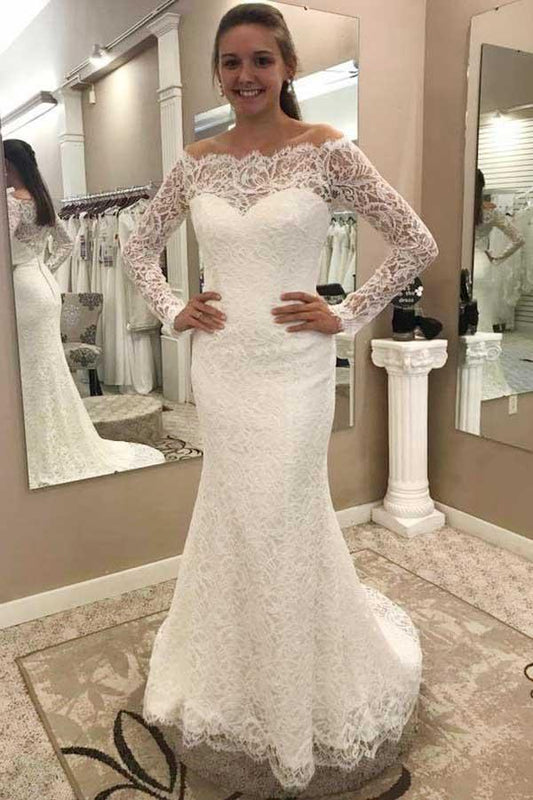 Mermaid Off-the-Shoulder Lace Wedding Dress with Long Sleeves
