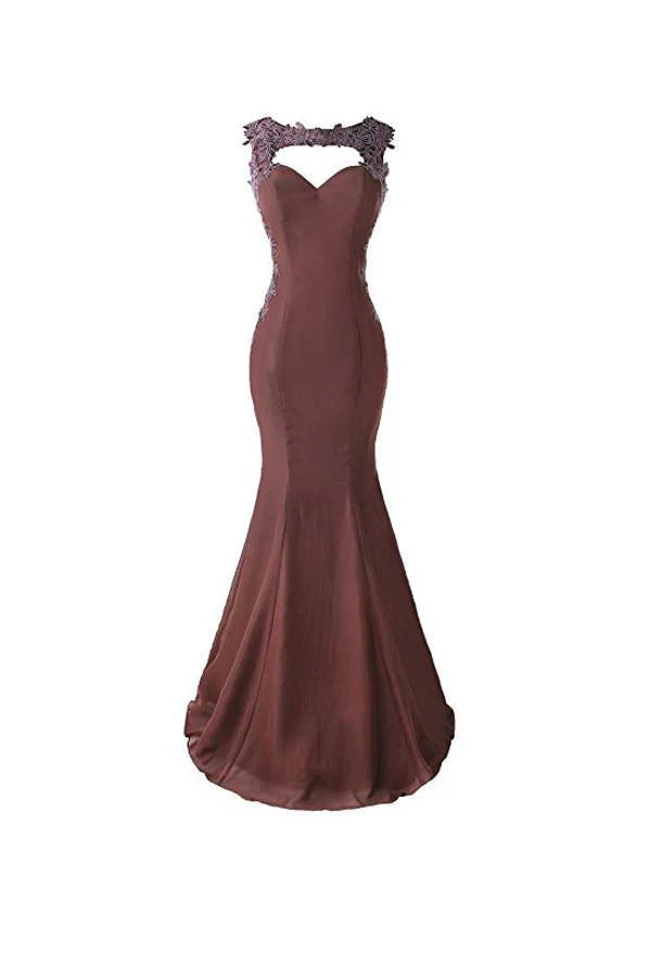 Mermaid Prom Dress Lace Appliques Sheer Back Bridesmaid Dress