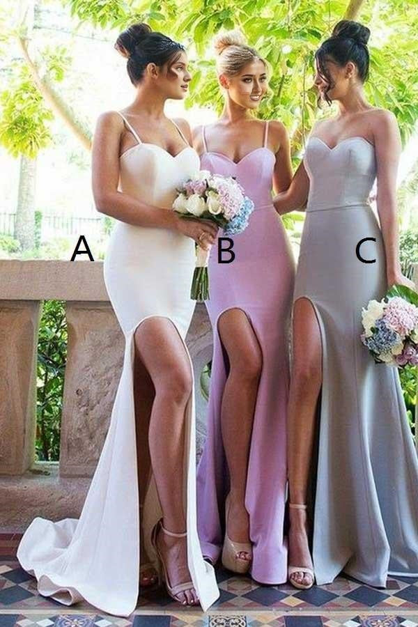 Formal Wedding Party Sweep / Brush Train Mermaid/Trumpet Prom Dresses  Spaghetti Straps Long Bridesmaid Dress With Split