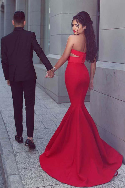 Sheath Mermaid  Sweep/Brush Train Dresses Strapless Red Satin Prom Dress