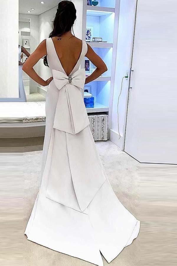 Mermaid Deep V-Neck Sweep Trian White Satin Backless Wedding Dress