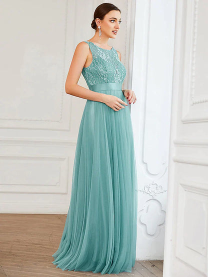 A-Line Prom Dresses Elegant Dress Wedding Guest Floor Length Sleeveless Jewel Neck Tulle with Sequin Pure Color