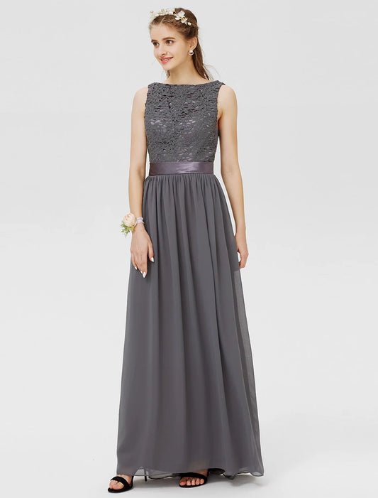 Sheath / Column Bateau Floor Length Chiffon / Floral Lace Bridesmaid Dress with Lace / Sash / Ribbon