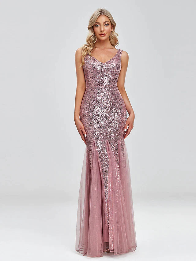 Mermaid / Trumpet Evening Gown Sparkle Dress Wedding Guest Floor Length Sleeveless V Neck Tulle V Back with Sequin Splicing