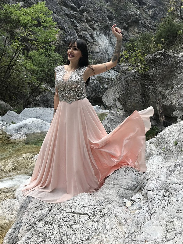 A-Line/Princess Bateau Chiffon Sequin Floor-Length Sleeveless Party Dresses Formal Dresses