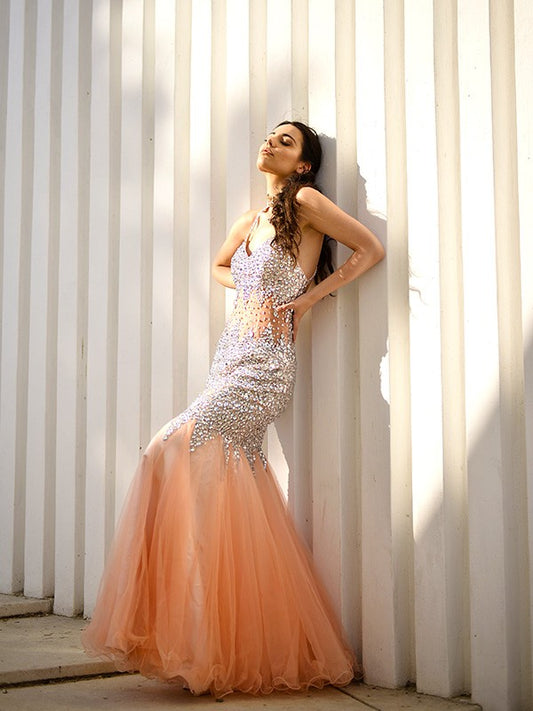 Trumpet/Mermaid V-neck Sleeveless Tulle Floor-Length Sequin Party Dresses Formal Dresses