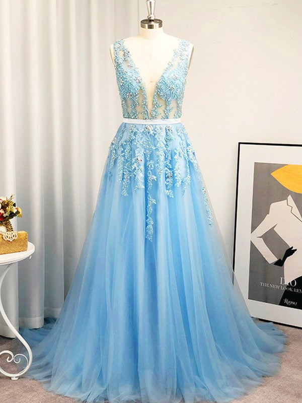 A-Line/Princess Tulle Applique V-neck Sleeveless Sweep/Brush Train Dresses