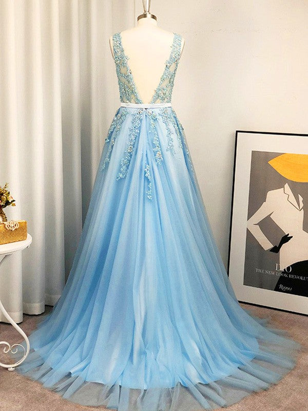 A-Line/Princess Tulle Applique V-neck Sleeveless Sweep/Brush Train Dresses