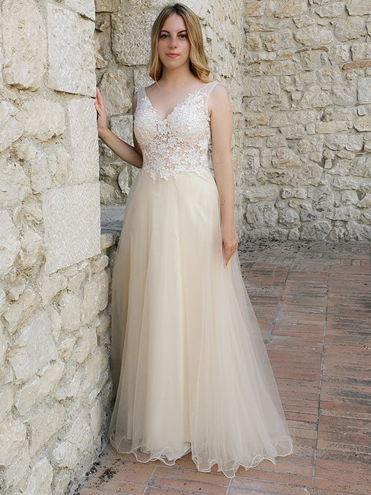 A-Line/Princess Sleeveless Applique Tulle V-neck Floor-Length Party Dresses Formal Dresses