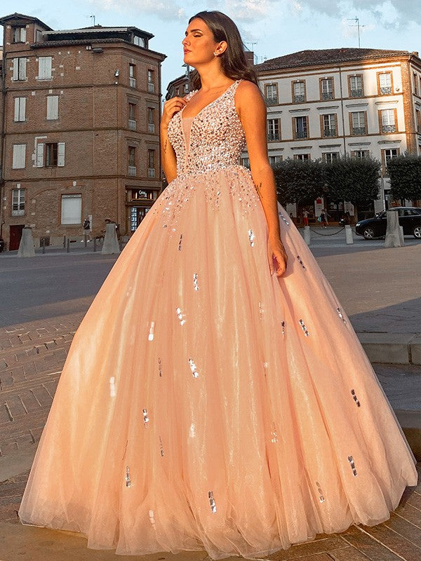 Ball Gown Tulle V-neck Beading Sleeveless Floor-Length Party Dresses Formal Dresses