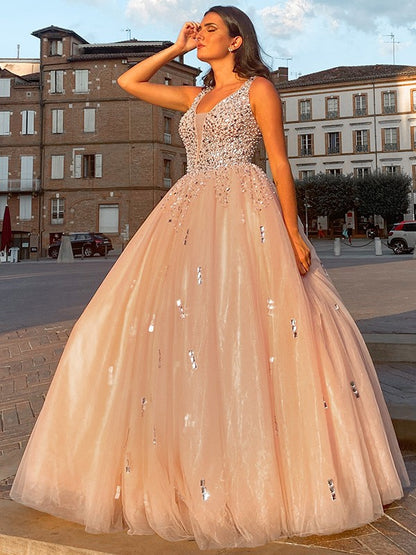 Ball Gown Tulle V-neck Beading Sleeveless Floor-Length Party Dresses Formal Dresses