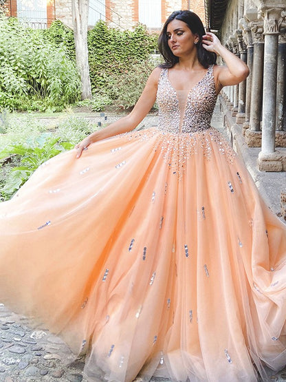 Ball Gown Tulle V-neck Beading Sleeveless Floor-Length Party Dresses Formal Dresses