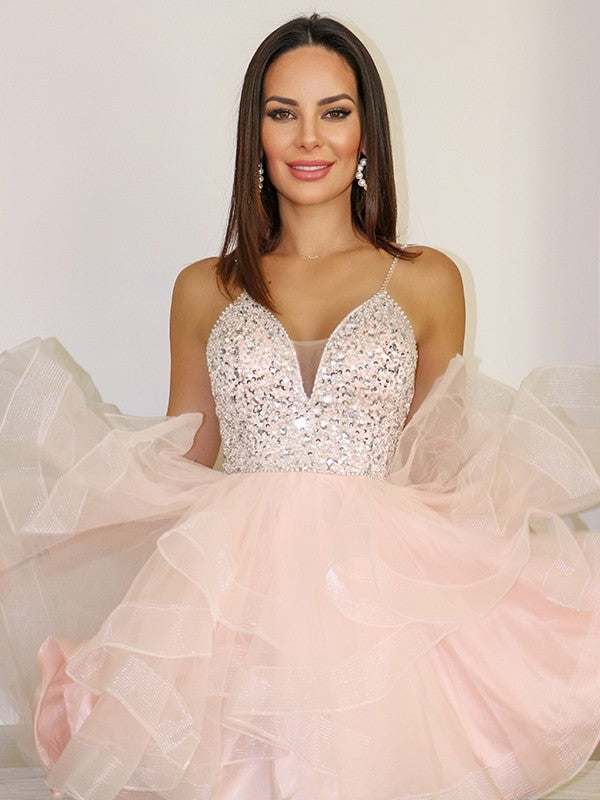 A-Line/Princess Spaghetti Straps Tulle Beading Sleeveless Short/Mini Homecoming Dresses