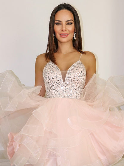 A-Line/Princess Spaghetti Straps Tulle Beading Sleeveless Short/Mini Homecoming Dresses