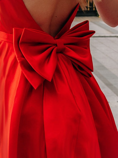 A-Line/Princess Satin Square Bowknot Sleeveless Tea-Length Homecoming Dresses