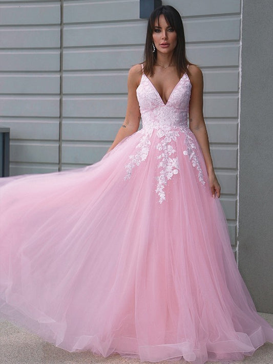 A-Line/Princess Tulle V-neck Applique Sleeveless Floor-Length Party Dresses Formal Dresses