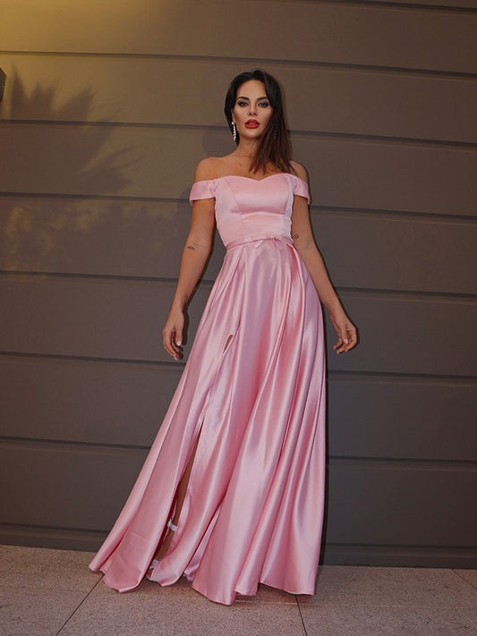 A-Line/Princess Off-the-Shoulder Sleeveless Ruffles Charmeuse Sweep/Brush Train Dresses