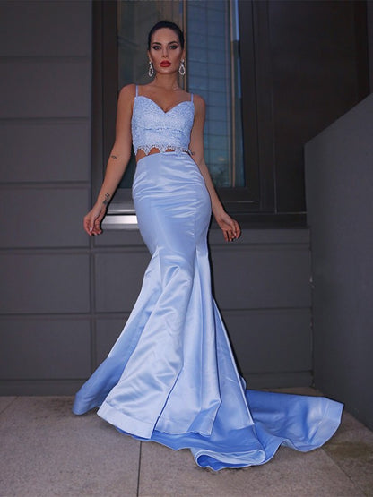 Trumpet/Mermaid Satin Lace V-neck Sleeveless Sweep/Brush Train Two Piece Party Dresses Formal Dresses