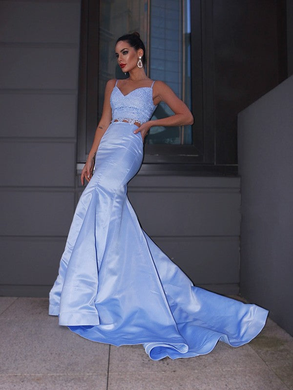 Trumpet/Mermaid Satin Lace V-neck Sleeveless Sweep/Brush Train Two Piece Party Dresses Formal Dresses