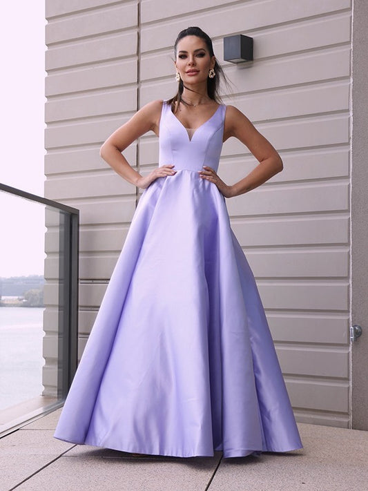 A-Line/Princess Satin Ruffles V-neck Sleeveless Floor-Length Party Dresses Formal Dresses