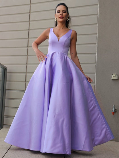 A-Line/Princess Satin Ruffles V-neck Sleeveless Floor-Length Party Dresses Formal Dresses