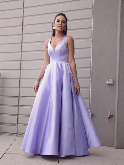 A-Line/Princess Satin Ruffles V-neck Sleeveless Floor-Length Party Dresses Formal Dresses