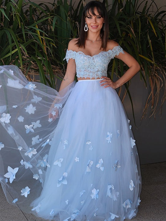 A-Line/Princess Tulle Applique Sleeveless Off-the-Shoulder Floor-Length Two Piece Dresses