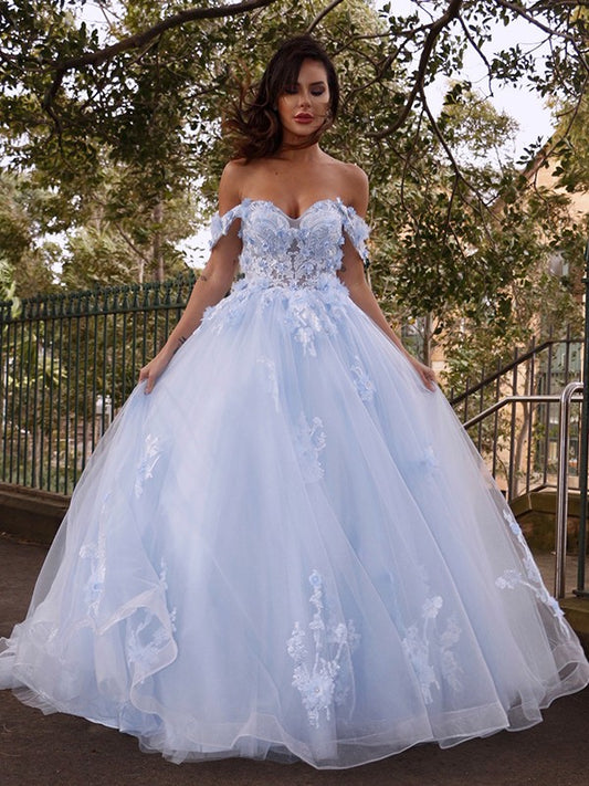Party Dresses Formal Dresses Ball Gown Tulle Applique Off-the-Shoulder Sleeveless Sweep/Brush Train Dresses