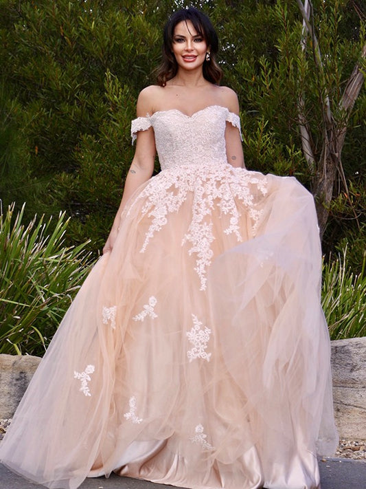 A-Line/Princess Tulle Applique Off-the-Shoulder Sleeveless Floor-Length Dresses Party Dresses Formal Dresses