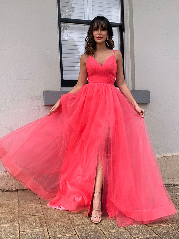 A-Line/Princess Tulle Ruffles V-neck Sleeveless Sweep/Brush Train Party Dresses Formal Dresses