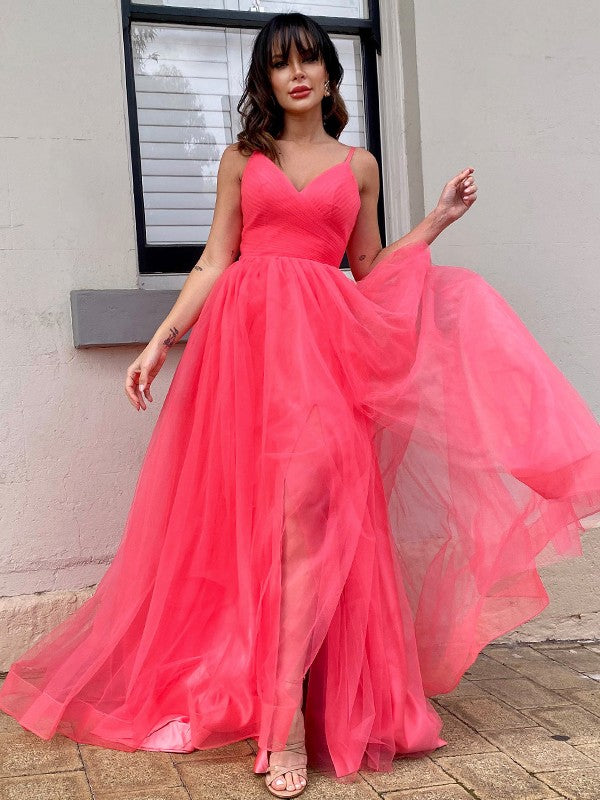 A-Line/Princess Tulle Ruffles V-neck Sleeveless Sweep/Brush Train Party Dresses Formal Dresses